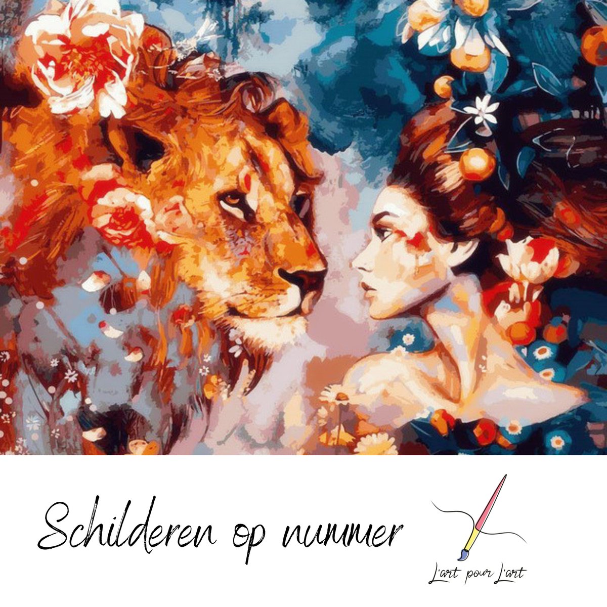 Schilderen op Nummer Volwassenen en Kinderen Lart pour Lart - Painting by Numbers - Verven op nummer - Canvas Schildersdoek - 40x50cm - Inclusief penselen – Kleuren op Nummer - Leeuw en vrouw